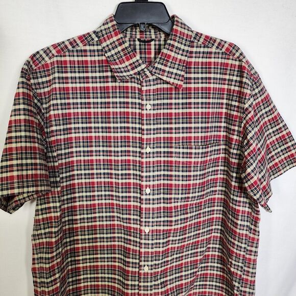 Mens Shirt Size XL Button Front Plaid Tan Red Blue Short Sleeve Collared Pocket - Picture 3 of 10